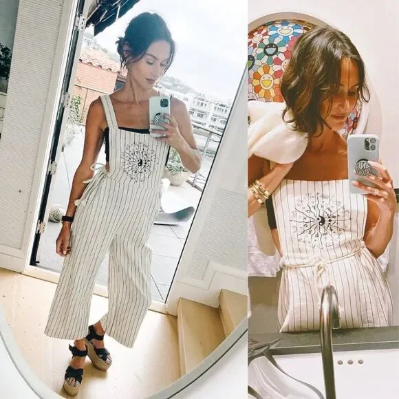 DANNIJO Wide Leg Embroidered Yin Yang Zodiac Cropped Cotton Overalls Jumpsuit - Picture 3 of 14